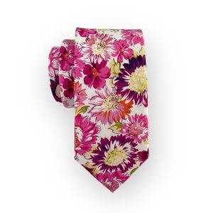Men’s White w/ Fuchsia Floral Print Necktie, 2.75” Width Wedding Party Tie